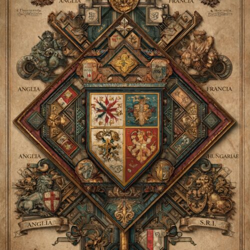 Baroque heraldic coat of arms wall art featuring ornate shields of England, France, Hungary, and the Holy Roman Empire with winged eagles, lions, and gold decorative flourishes on aged parchment.
