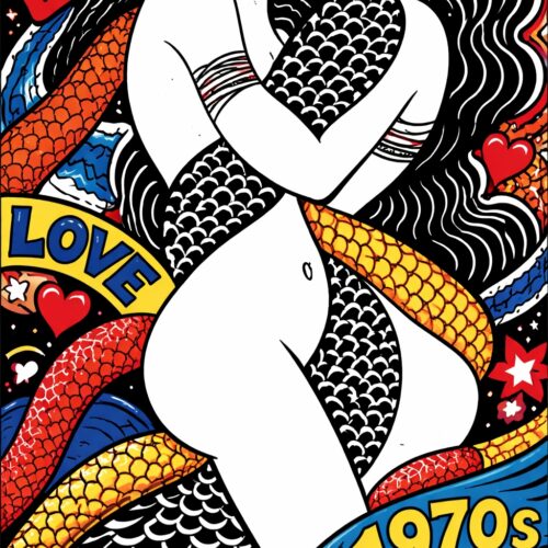 Bold pop art 1970s love poster featuring a figure with vibrant red, yellow, and blue geometric scales and intricate line work patterns on black background.