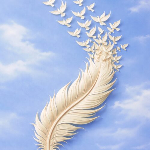 Surrealist wall art showing a cream feather transforming into white doves flying against a periwinkle blue sky with soft clouds.