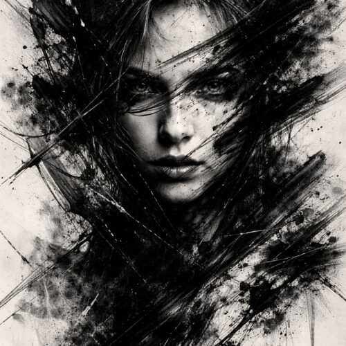 Expressionist black and white portrait with dramatic ink splatter and gestural brushstrokes creating abstract effects around a contemplative face.