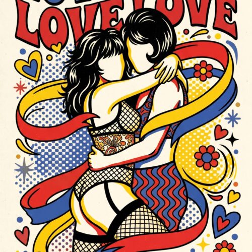 Pop art style love poster featuring two figures in flowing ribbons with hearts and flowers in bright red, blue, and yellow colors with bold 1970s typography and hand-drawn decorative elements.