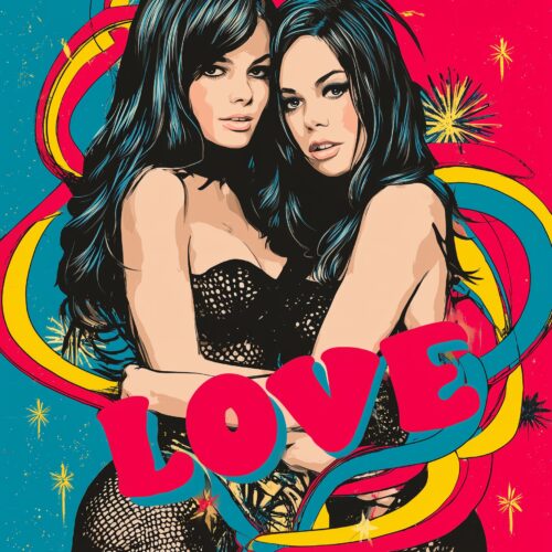 Pop art poster of two women with black hair, bold pink love text, turquoise and yellow ribbon swirls, and golden stars on split teal and hot pink background.
