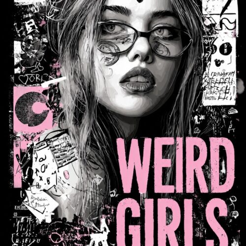 Monochromatic graffiti portrait of a girl wearing oversized glasses surrounded by layered street art tags and neon pink 'Weird Girls Club' typography on black background.