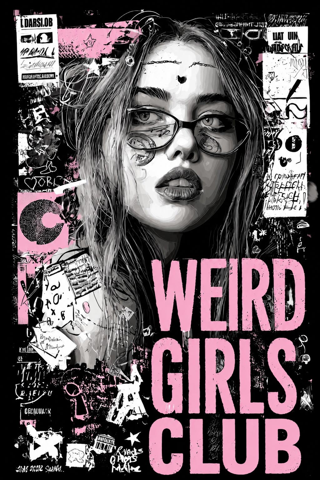 Monochromatic graffiti portrait of a girl wearing oversized glasses surrounded by layered street art tags and neon pink 'Weird Girls Club' typography on black background.