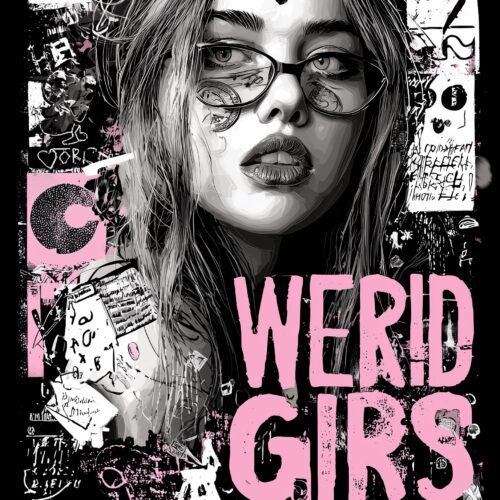 Monochromatic graffiti portrait of a girl wearing oversized glasses surrounded by layered street art tags and neon pink 'Weird Girls Club' typography on black background.