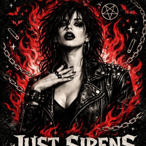 Graffiti-style poster with leather-clad figure surrounded by red flames and occult symbols, black and white portrait with bold metal typography reading No Saints Just Sirens.