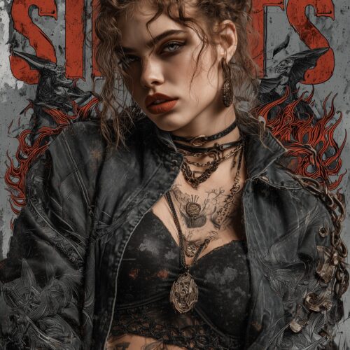 Graffiti-style portrait of tattooed woman with piercing gaze, black gothic wings, red distressed lettering, and ornate filigree details on weathered gray background.