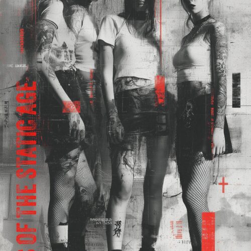 Black and white grunge band portrait of four figures with red typography and industrial geometric overlays on distressed textured background.