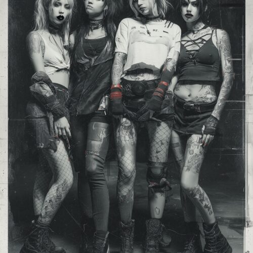 Black and white portrait of four alternative band members with tattoos, wearing edgy fashion and platform boots, standing confidently against a weathered backdrop.