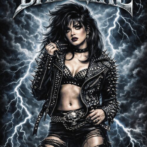 Graffiti-style bad girl poster with electric blue and white lightning bolts, studded leather jacket, and stormy black background.