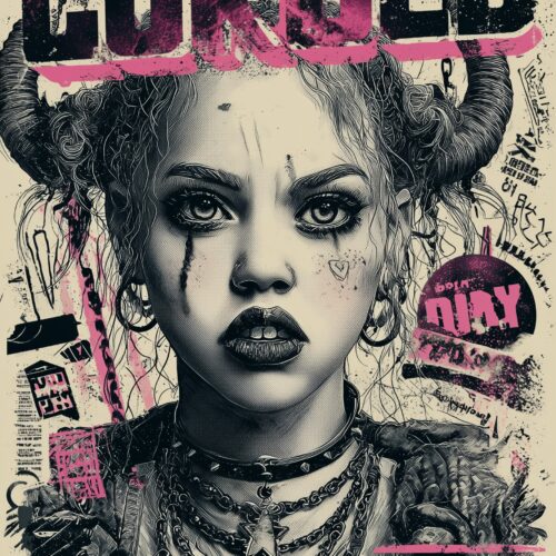 Graffiti-style portrait of a woman with magenta and black distressed elements, intricate line work, chain details, and rebellious urban aesthetic wall art poster.