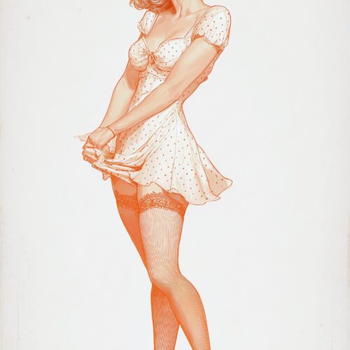 Retro pin-up girl illustration in warm orange line art, wearing polka-dot dress and lace stockings, classic 1950s vintage style poster.