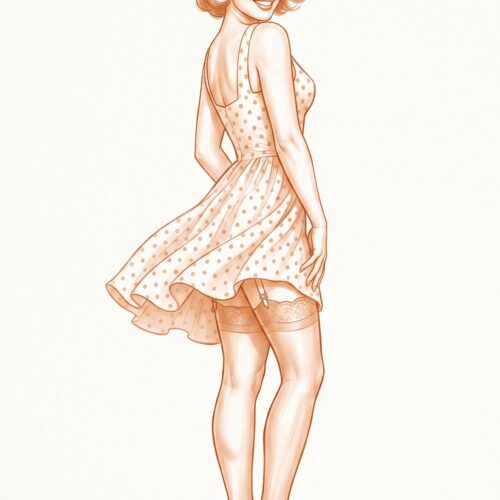 Vintage retro pin-up girl illustration in warm sepia tones wearing a polka-dot dress, rendered in classic 1950s style with elegant linework and soft shading.