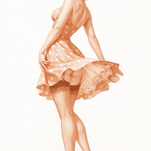 Vintage pin-up girl wall art featuring a glamorous redhead in a peach polka-dot dress with curled hair and red lips, rendered in classic retro illustration style.