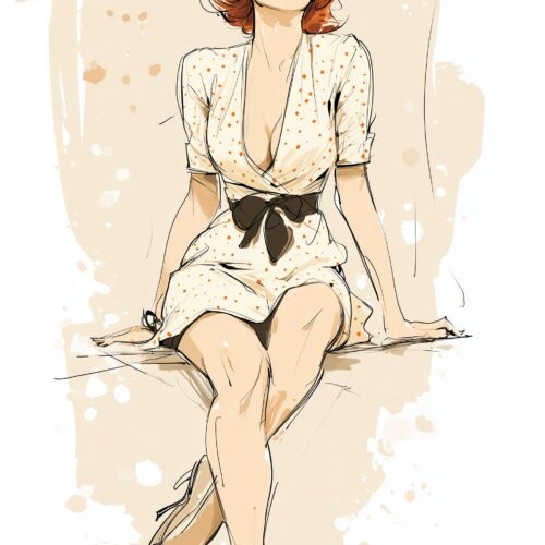 Vintage retro pin-up illustration of a woman in cream polka dot dress with red lips and copper hair in classic 1950s style.