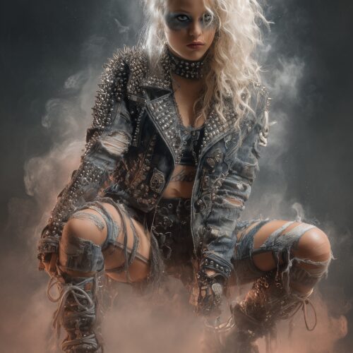Edgy steampunk character portrait with platinum blonde hair, studded leather jacket, and metallic armor against smoky atmospheric background.