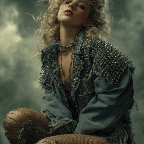 Photographic portrait of a platinum blonde figure in studded jacket with edgy styling, confident gaze against moody green atmospheric background.