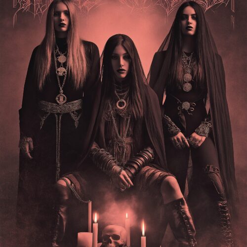 Three gothic figures in dark regalia with ornate jewelry and mystical symbols, framed by occult line-work and glowing red light with candles and skulls below.