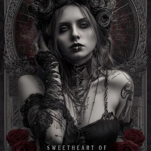 Black and white gothic portrait of a pale woman crowned with black roses, wearing ornate lace and chains, framed by baroque decorative border with deep red roses at base.