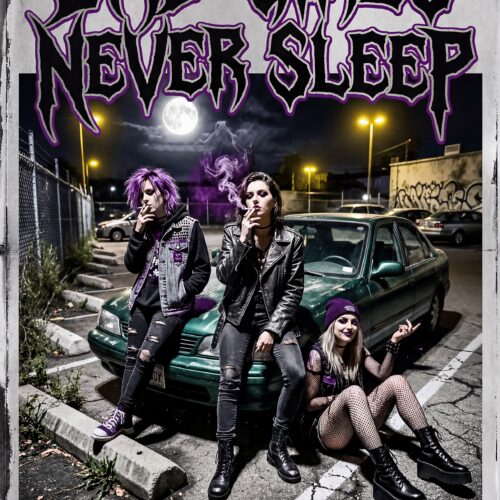 Graffiti poster featuring bold purple and black lettering for Bad Girls Never Sleep above a cinematic night parking lot scene with three people and a vintage green sedan under moonlight and neon street lamps.