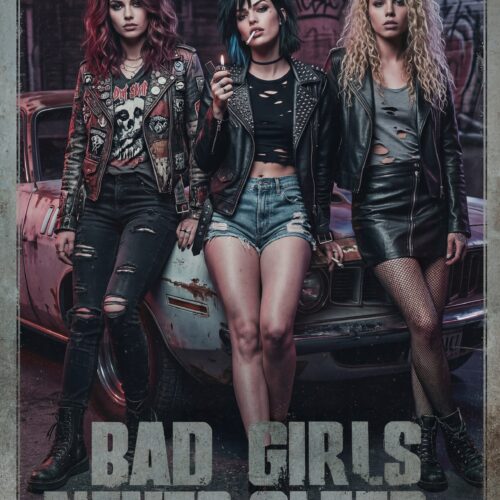 Retro movie-style poster of three women in leather and studs against a neon-lit urban street with purple glow and bold 'Bad Girls Never Sleep' typography.