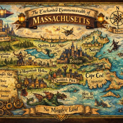 Fantasy map of Massachusetts featuring castles, airships, dragons, and magical locations with ornate gold steampunk border and vintage cartography details.