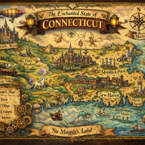 Steampunk fantasy illustrated map of Connecticut featuring castles, airships, gears, and magical landmarks in gold, teal, and green with ornate decorative border.