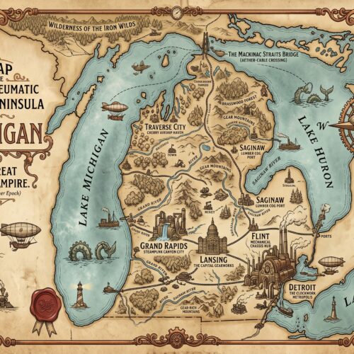 Ornate steampunk map of Michigan's Lower Peninsula featuring airships, gears, and mechanical details with aged parchment background and blue water accents.