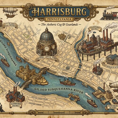 Ornate steampunk map of Harrisburg Pennsylvania featuring airships, brass gears, Victorian architecture, and fantastical landmarks with aged parchment background and mechanical border design.