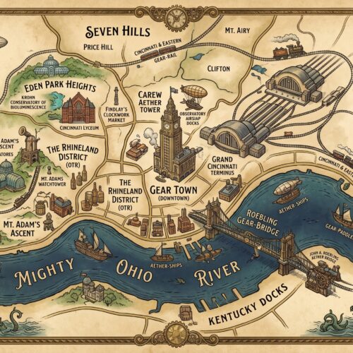Whimsical steampunk map of Cincinnati Ohio featuring airships, gears, and the Ohio River with vintage mechanical borders and hand-drawn neighborhood details.