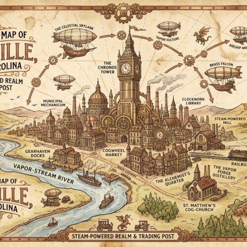 Whimsical steampunk map of Nashville North Carolina featuring airships, clockwork towers, brass landmarks, and ornate vintage borders with sepia coloring.