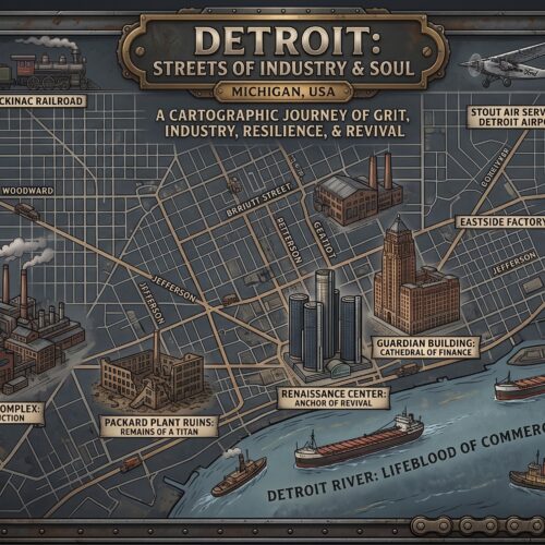 Detailed steampunk map of Detroit showing factory landmarks, Detroit River commerce, industrial heritage sites, and iconic buildings with ornate brass frame.