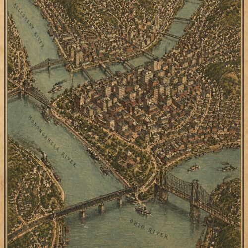 Vintage bird's-eye map of Pittsburgh showing the Ohio, Allegheny, and Monongahela rivers, historic bridges, and detailed cityscape in sepia and green tones.