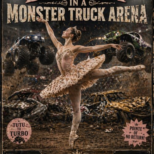 Vintage retro poster of a ballerina in a glittering tutu performing in a monster truck arena, surrounded by crushed vehicles and stadium lights, with distressed rose-gold typography.