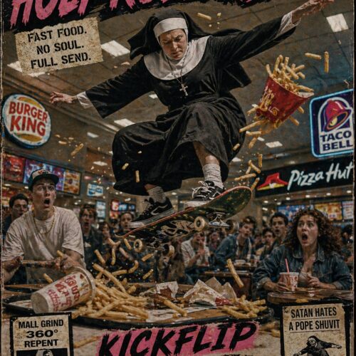 Retro poster featuring a nun performing a skateboard kickflip over scattered fast food with hot pink text and distressed vintage aesthetic.