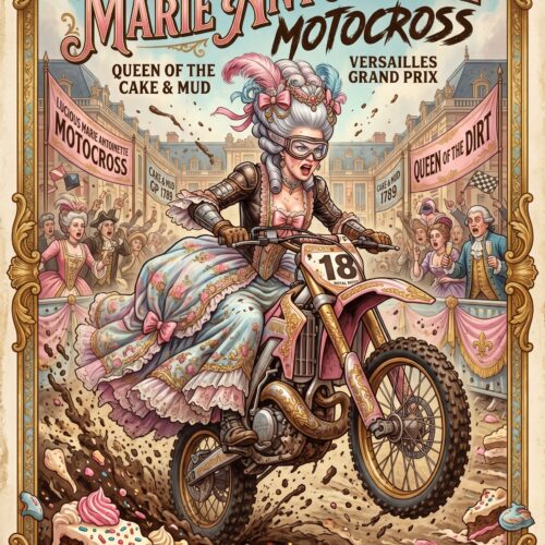 Baroque-framed poster of Marie Antoinette riding an ornate motorbike through mud and cake with pink ribbons, gold ornaments, and historical Versailles background.