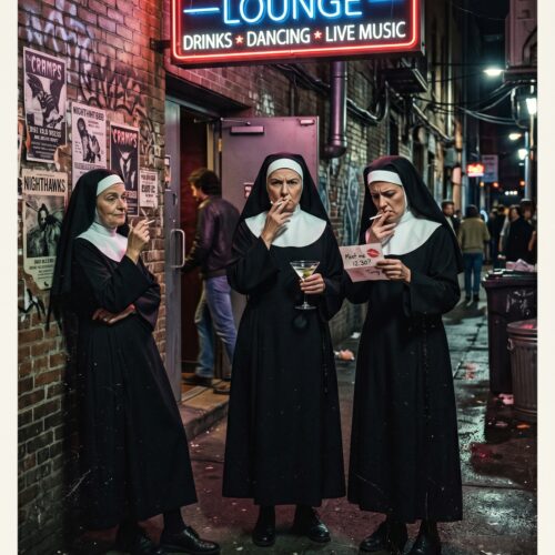 Three nuns in black habits smoking and drinking cocktails outside a neon Red Velvet Lounge bar at night, witty pop art poster with 1970s retro aesthetic.