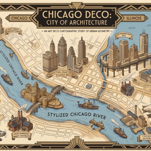 Vintage art deco map of Chicago featuring iconic skyscrapers, Lake Michigan, the Chicago River, and architectural landmarks in gold, cream, and blue tones with geometric border design.