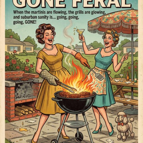 Vintage retro poster of two 1950s housewives grilling at a backyard BBQ with martinis, featuring bold Technicolor lineart and satirical humor.