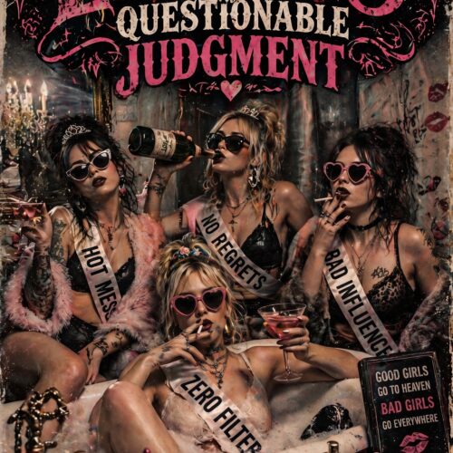 Graffiti-style poster of rebellious women in heart sunglasses and pageant sashes, drinking and smoking with hot pink distressed typography and vintage black background.