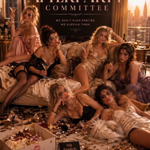 Photographic luxury party poster showing five women in designer outfits on a bed with champagne, confetti, and gold accents against a Manhattan skyline window backdrop.