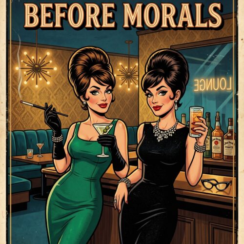 Vintage-style retro poster of two glamorous women in 1960s cocktail bar with emerald and black dresses, holding drinks, mid-century lounge interior background.