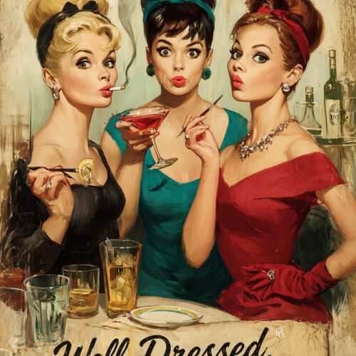 Three glamorous women in retro 1950s style holding cocktails with jewel-toned dresses against distressed cream background with witty text.