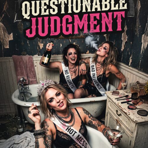 Pop art poster of three tattooed women in a bathtub with hot pink bold typography reading Ladies of Questionable Judgment against distressed dark background.