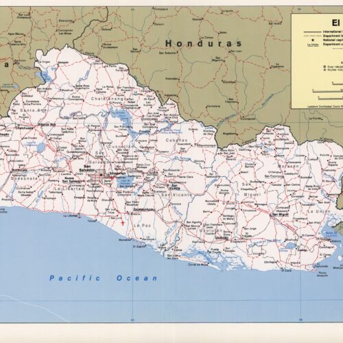 Political map of El Salvador showing department boundaries, major cities including San Salvador, roads, railroads, and surrounding countries Guatemala and Honduras on cream and green background.