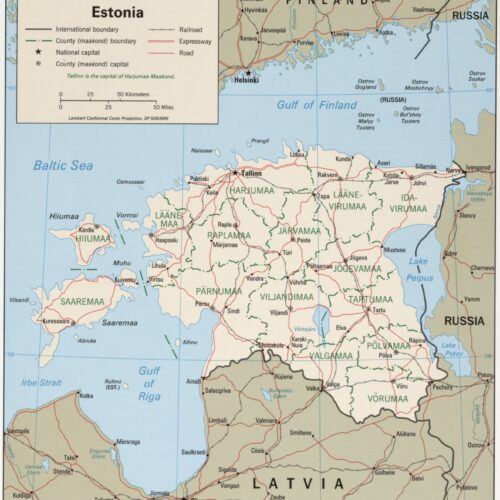 Political map of Estonia showing county boundaries, major cities including Tallinn, roads, railroads, and the Baltic Sea and Gulf of Finland coastlines.