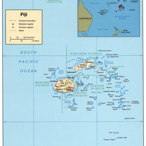Political map of Fiji showing Eastern, Western, and Central divisions with major islands including Viti Levu and Vanua Levu, regional inset, and South Pacific Ocean context.