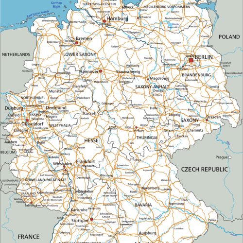 Detailed road map of Germany showing all major cities, highways in orange, state divisions, and surrounding countries including Poland, Czech Republic, Austria, and France.