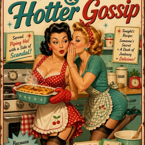 Retro 1950s kitchen poster featuring two glamorous women in vintage aprons sharing gossip over a hot dish casserole, with red and teal vintage typography and kitchen props.