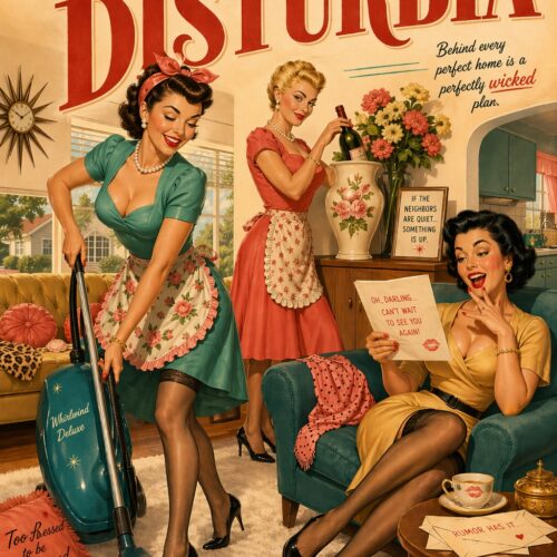 Retro poster featuring three glamorous 1950s-style women in vibrant teal, coral, and yellow living room setting with vintage typography and humorous domestic messages.